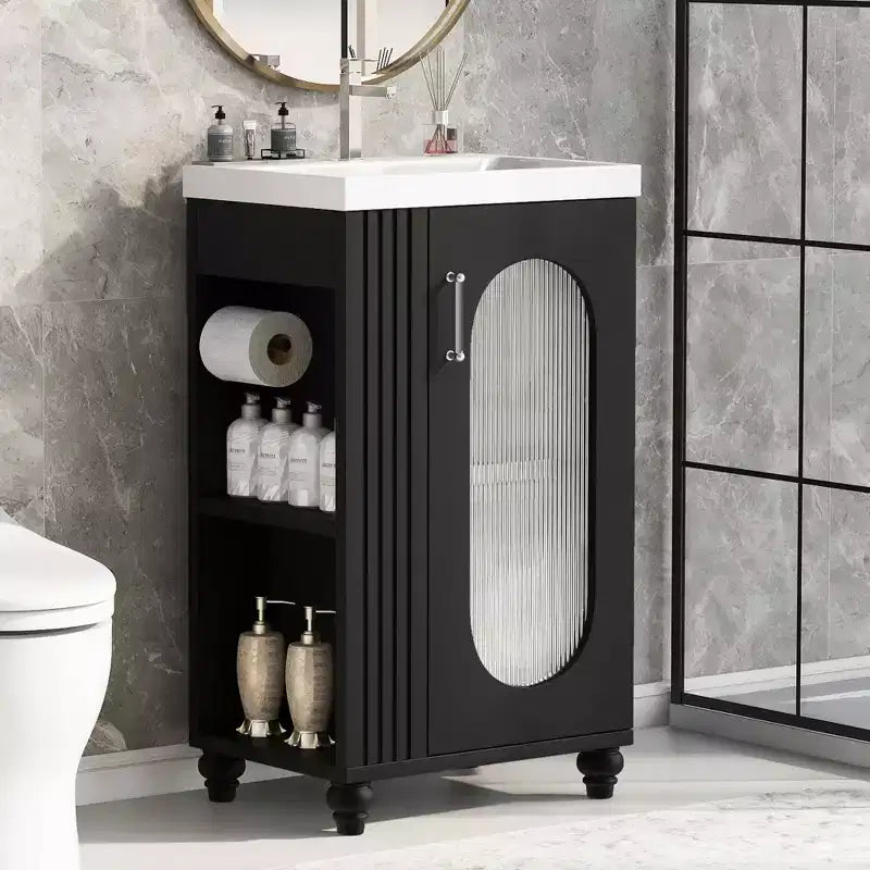 MAYEERTY 20 Bathroom Vanity with Sink 2-tier Shelf Adjustable Shelf Solid Wood MDF Black