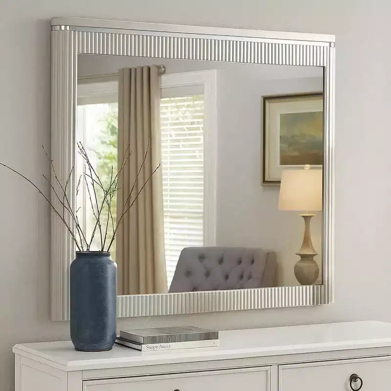Royal Hampton Dresser Mirror, Rectangular Gray Reeded Wood, Silver Trim, 38x40