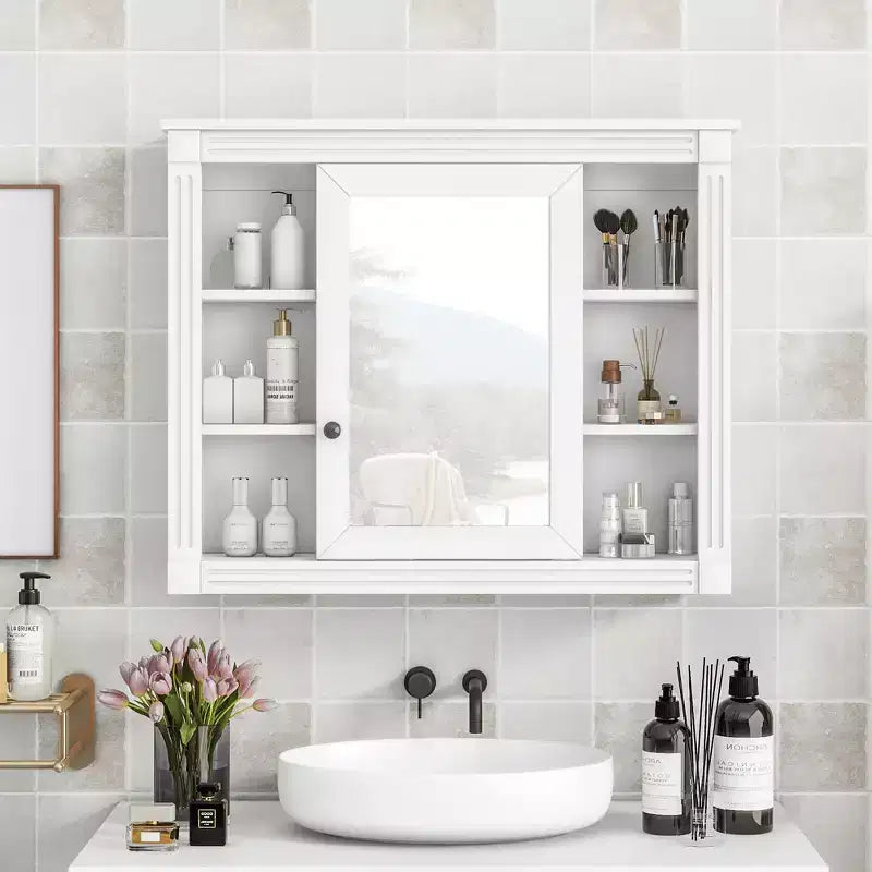 MAYEERTY 28.7 Wall Mounted Bathroom Mirror Cabinet with Concealed Storage 6 Open Shelves Medicine Cabinet White