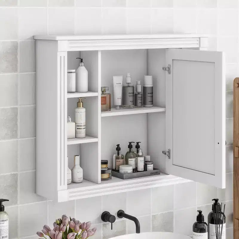 MAYEERTY 28.7 Wall Mounted Bathroom Mirror Cabinet with Concealed Storage 6 Open Shelves Medicine Cabinet White