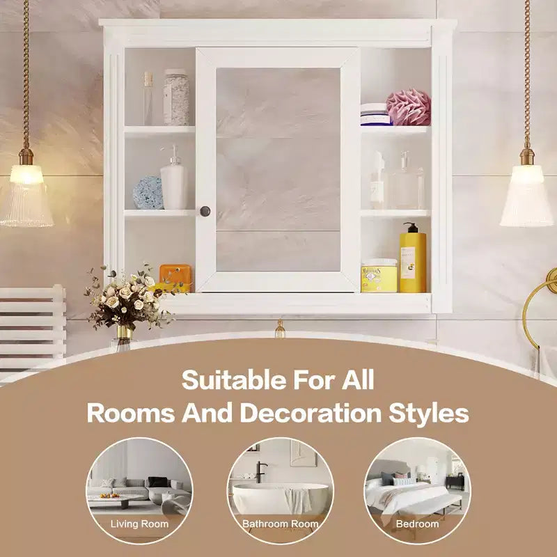 MAYEERTY 28.7 Wall Mounted Bathroom Mirror Cabinet with Concealed Storage 6 Open Shelves Medicine Cabinet White