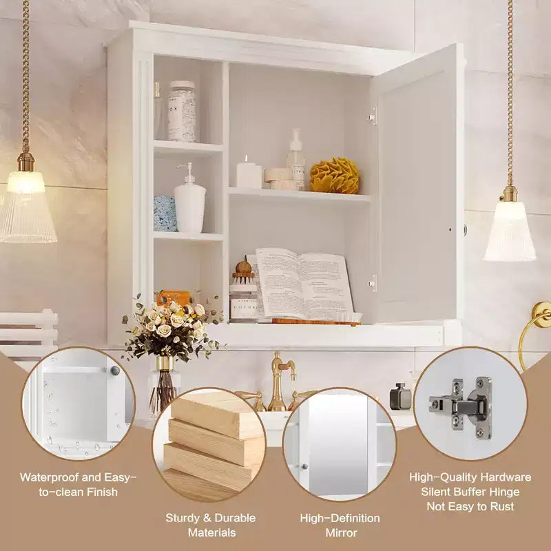 MAYEERTY 28.7 Wall Mounted Bathroom Mirror Cabinet with Concealed Storage 6 Open Shelves Medicine Cabinet White