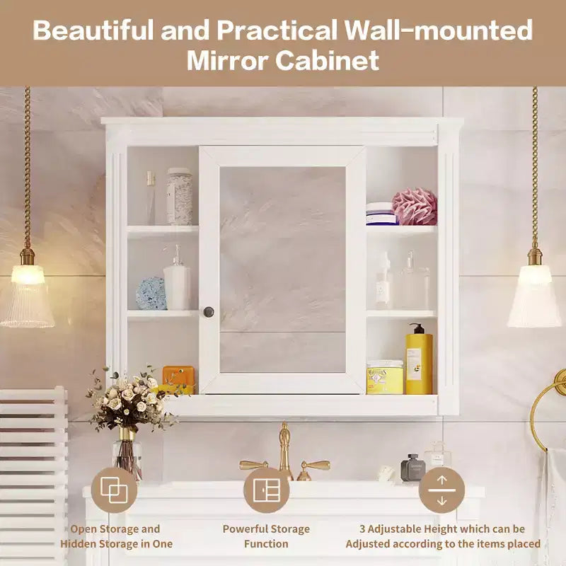 MAYEERTY 28.7 Wall Mounted Bathroom Mirror Cabinet with Concealed Storage 6 Open Shelves Medicine Cabinet White