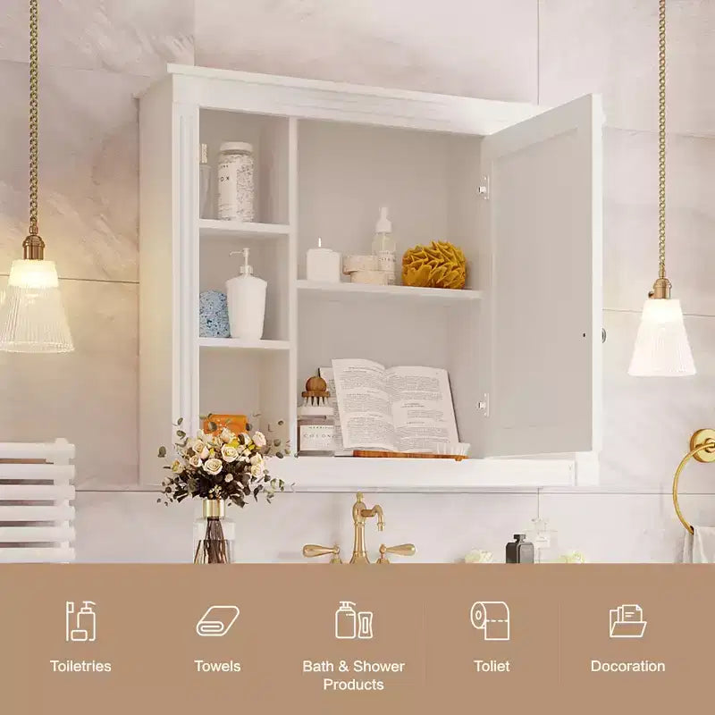 MAYEERTY 28.7 Wall Mounted Bathroom Mirror Cabinet with Concealed Storage 6 Open Shelves Medicine Cabinet White