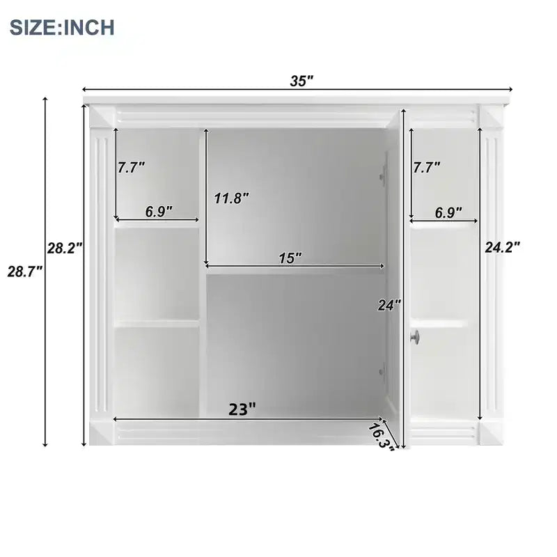 MAYEERTY 28.7 Wall Mounted Bathroom Mirror Cabinet with Concealed Storage 6 Open Shelves Medicine Cabinet White