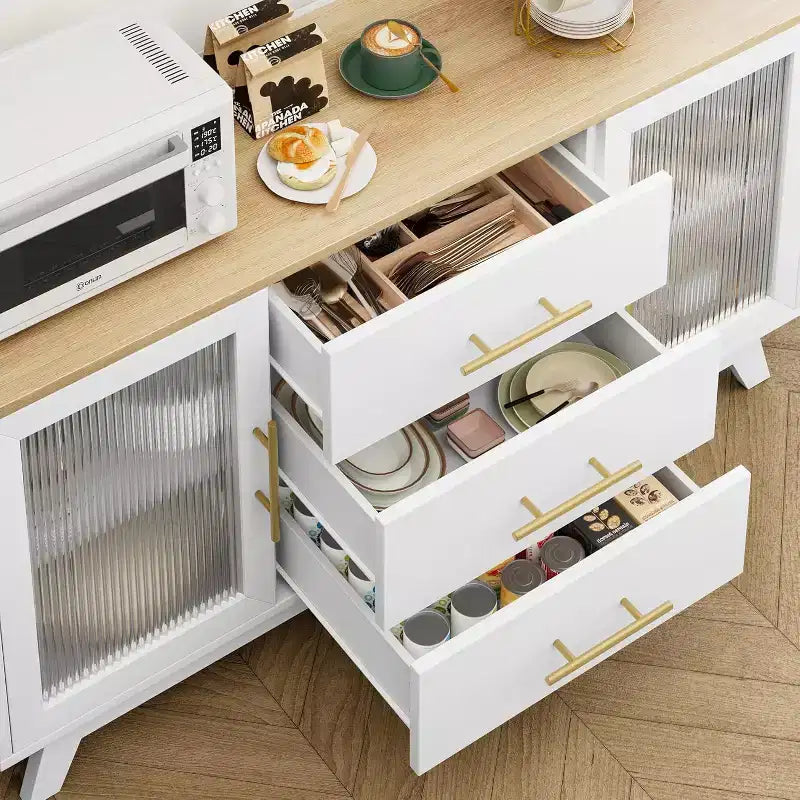 56 Buffet Server with Fluted Glass & Gold Handles Adjustable Shelf Cabinet for Dining Room, Kitchen Coffee Bar, Retro Console Table