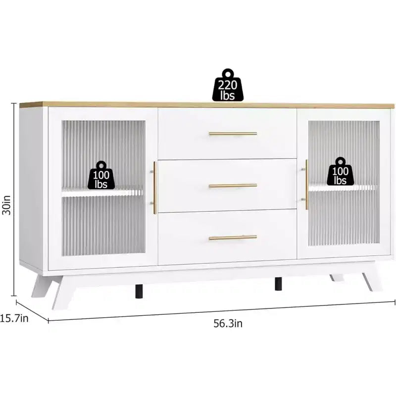 56 Buffet Server with Fluted Glass & Gold Handles Adjustable Shelf Cabinet for Dining Room, Kitchen Coffee Bar, Retro Console Table