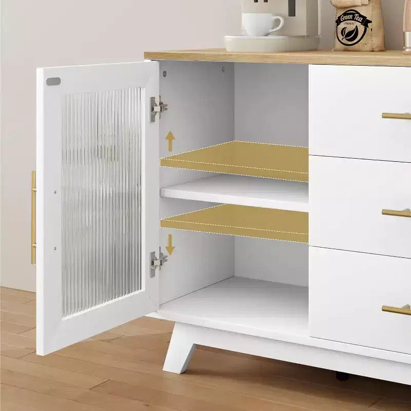 56 Buffet Server with Fluted Glass & Gold Handles Adjustable Shelf Cabinet for Dining Room, Kitchen Coffee Bar, Retro Console Table
