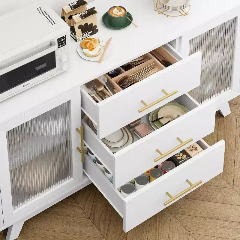 56 Buffet Server with Fluted Glass & Gold Handles Adjustable Shelf Cabinet for Dining Room, Kitchen Coffee Bar, Retro Console Table