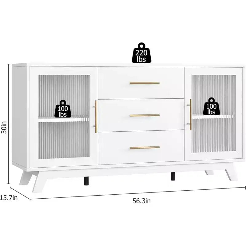 56 Buffet Server with Fluted Glass & Gold Handles Adjustable Shelf Cabinet for Dining Room, Kitchen Coffee Bar, Retro Console Table