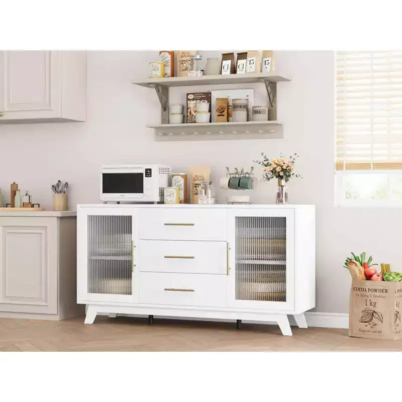 56 Buffet Server with Fluted Glass & Gold Handles Adjustable Shelf Cabinet for Dining Room, Kitchen Coffee Bar, Retro Console Table