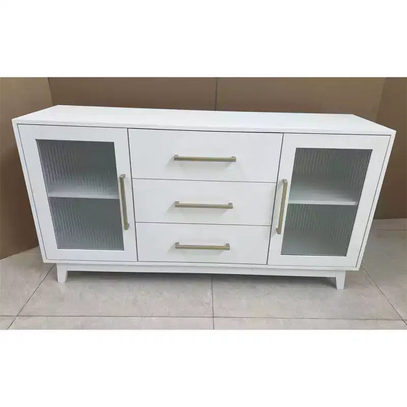 56 Buffet Server with Fluted Glass & Gold Handles Adjustable Shelf Cabinet for Dining Room, Kitchen Coffee Bar, Retro Console Table