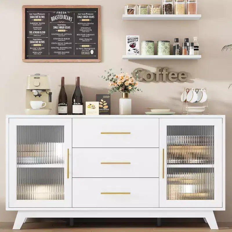56 Buffet Server with Fluted Glass & Gold Handles Adjustable Shelf Cabinet for Dining Room, Kitchen Coffee Bar, Retro Console Table