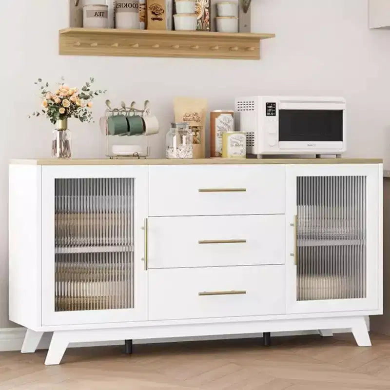 56 Buffet Server with Fluted Glass & Gold Handles Adjustable Shelf Cabinet for Dining Room, Kitchen Coffee Bar, Retro Console Table