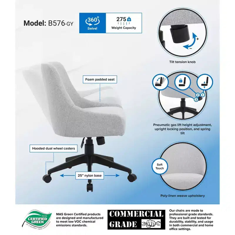 Boyle Desk Chair Gray: Boss Office Products, Molded Back, Pneumatic Lift, Nylon Base