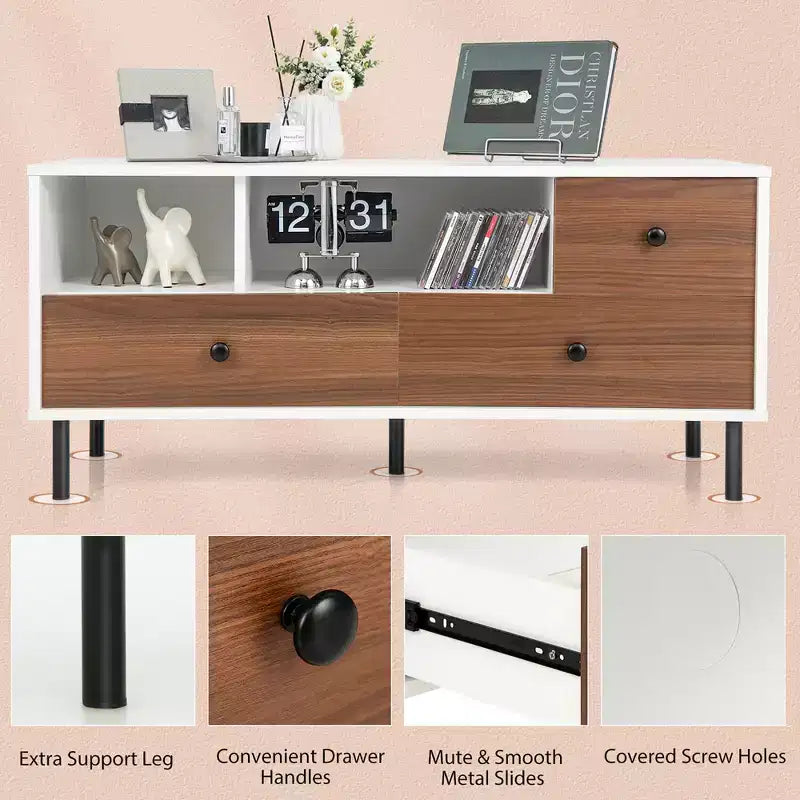 Costway Mid-Century TV Stand Media Entertainment Center Console w/2 Cubbies & 3 Drawers
