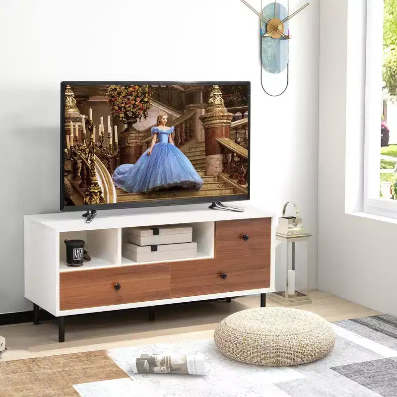 Costway Mid-Century TV Stand Media Entertainment Center Console w/2 Cubbies & 3 Drawers