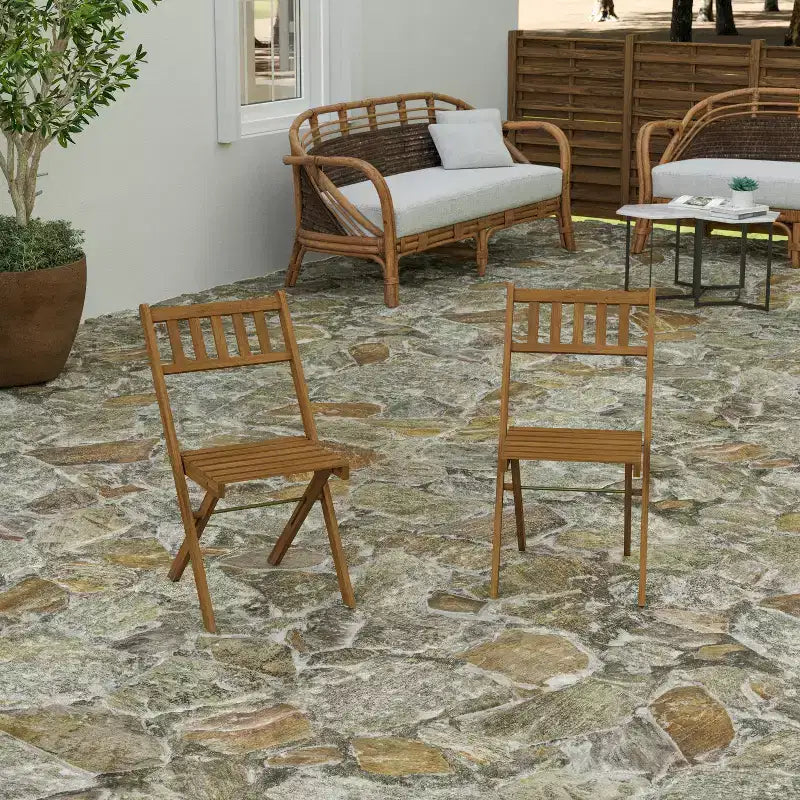 Merrick Lane Set of 2 Solid Acacia Wood Armless Folding Patio Bistro Chairs with Slatted Backs and Seats in Natural Finish