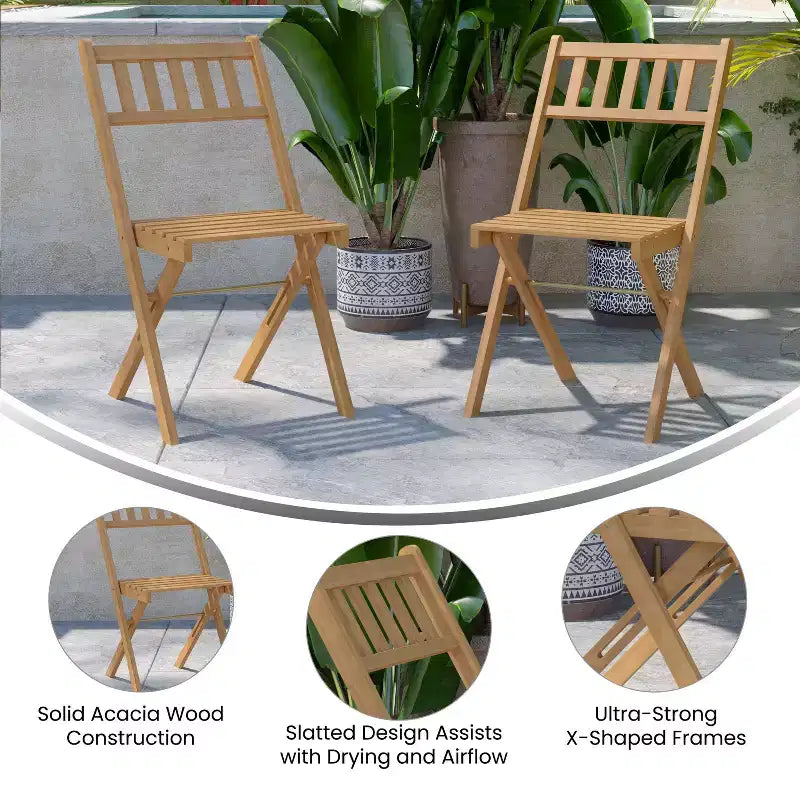 Merrick Lane Set of 2 Solid Acacia Wood Armless Folding Patio Bistro Chairs with Slatted Backs and Seats in Natural Finish
