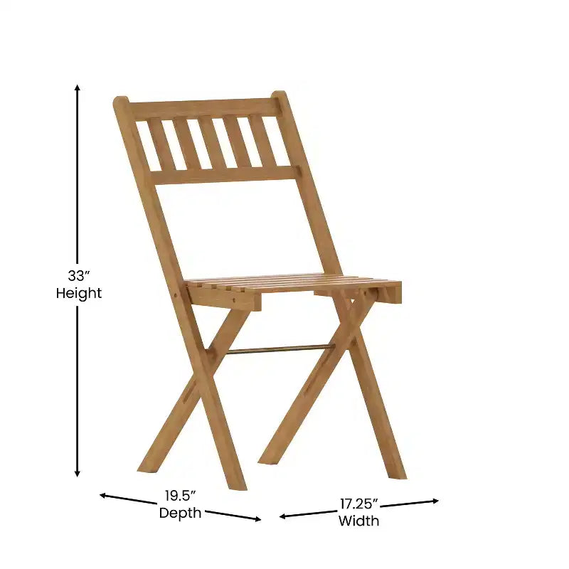 Merrick Lane Set of 2 Solid Acacia Wood Armless Folding Patio Bistro Chairs with Slatted Backs and Seats in Natural Finish