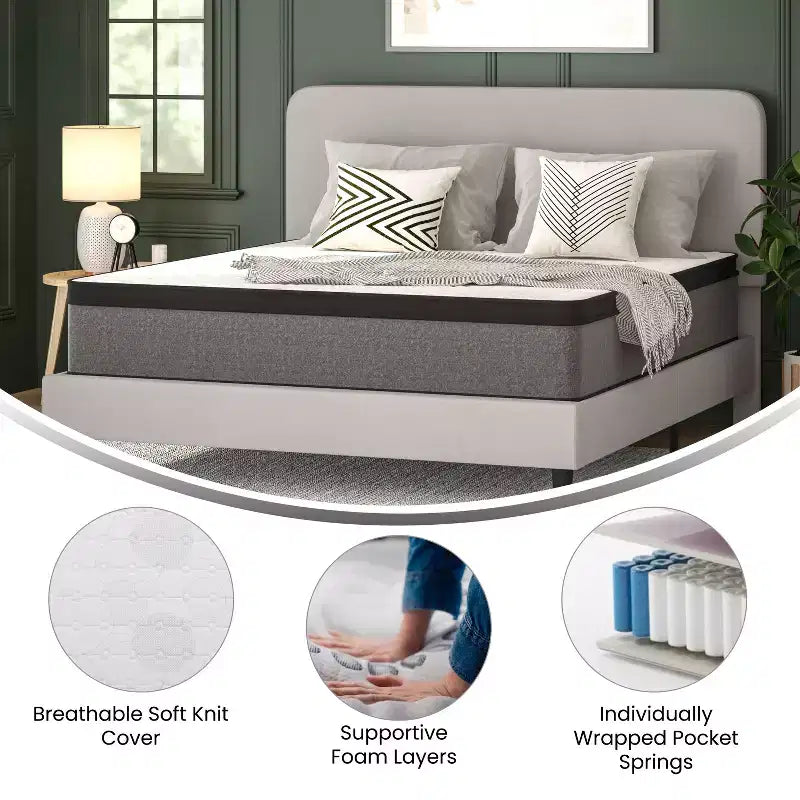 Merrick Lane Full Size 13 Euro Top Mattress in a Box with Hybrid Pocket Spring and Foam Design for Supportive Pressure Relief